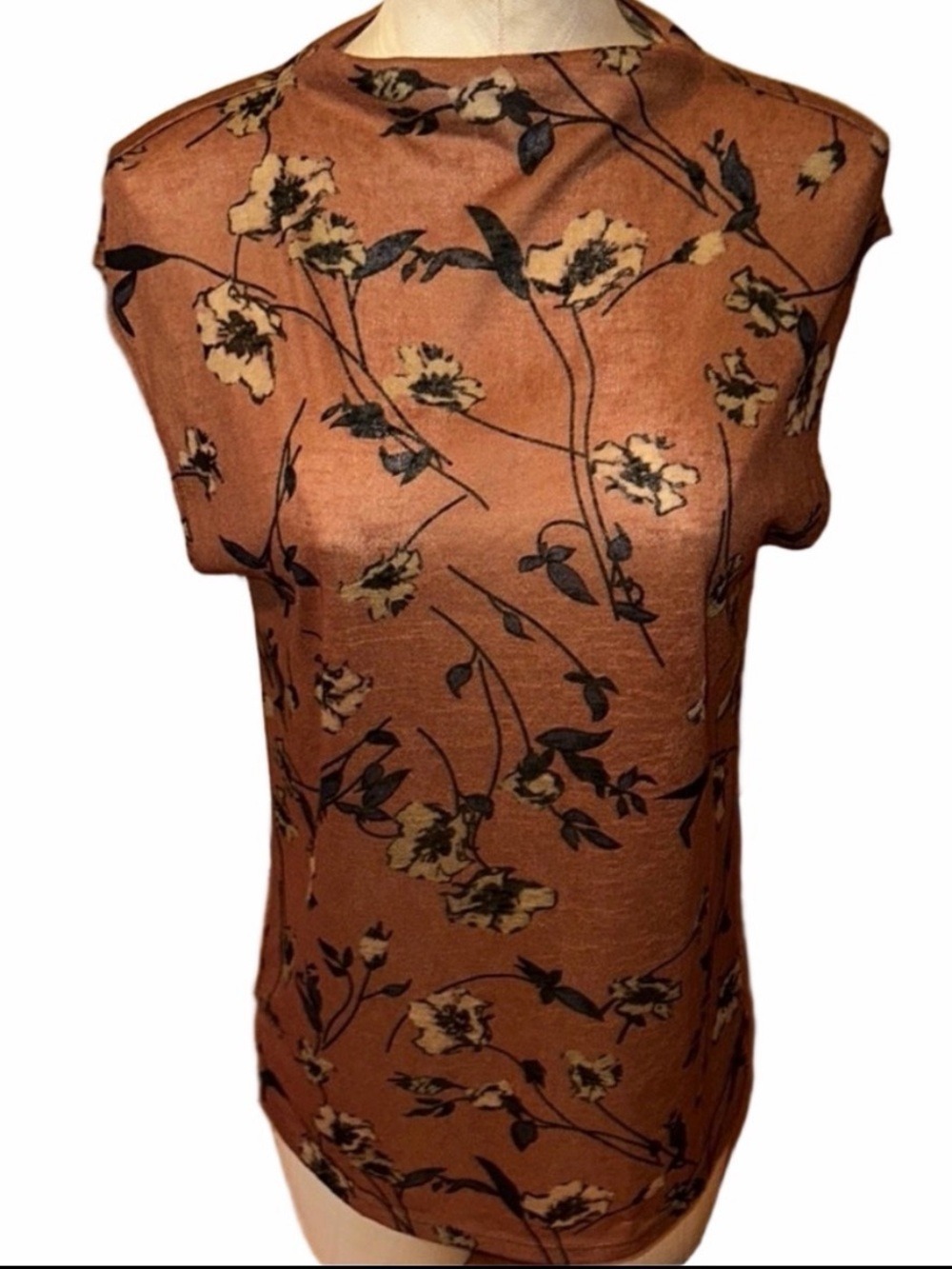 Rust Orange Floral Mock Neck Tank Top